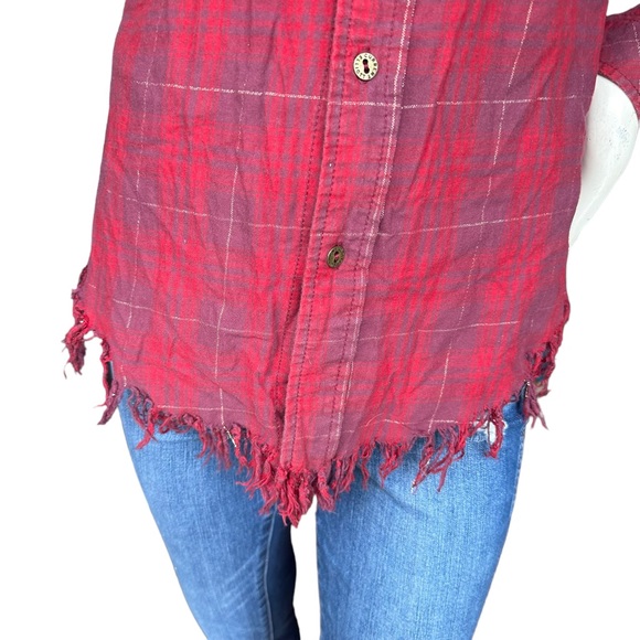 Current/Elliott Red Plaid Button Down Flannel Shirt with Fringe Raw Trim Size 0 - Picture 3 of 12